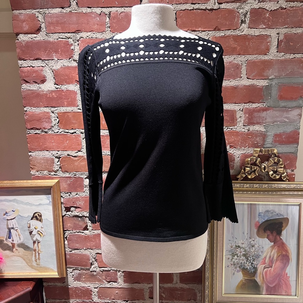 Black Knit Sweater with Cut Out Neckline And Sleeve Details by Etcetera